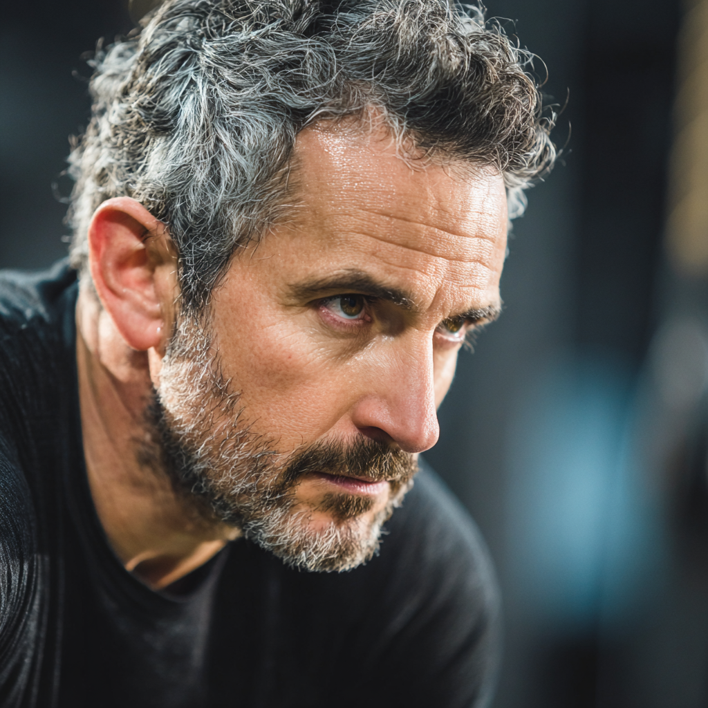 Middle-aged adult man focused during training session