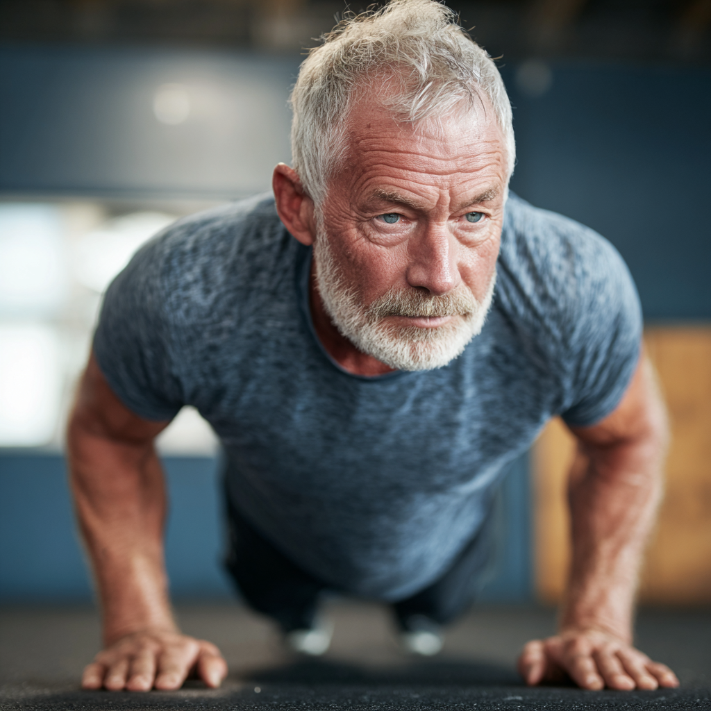 Older adult man demonstrating physical strength and mental focus